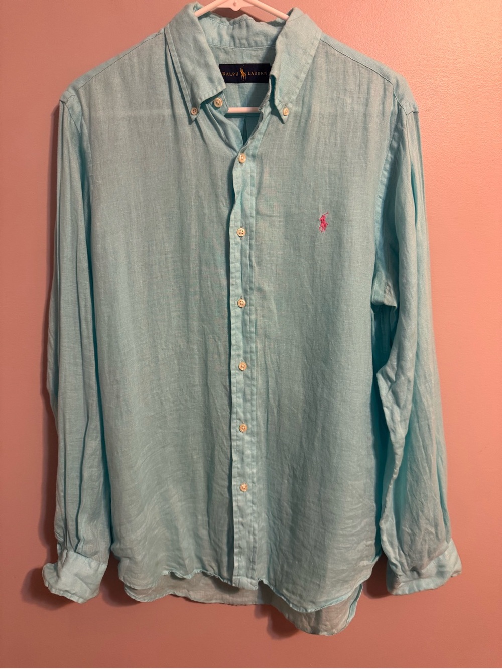 Polo Ralph Lauren Men’s M 100% Linen Aqua Button Down Shirt Pink Pony